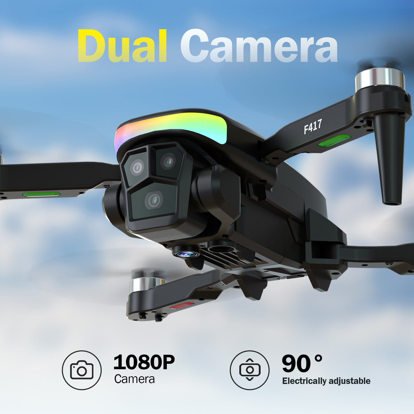 F417 Drone with Camera 1080P for Beginners and Adults,RGB LED Light 90°Electric Adjustable Lens,FPV Drone Mini RC Quadcopter with Live Video Camera,360° Flip,One Key Take Off/Land,Carry Case,Black