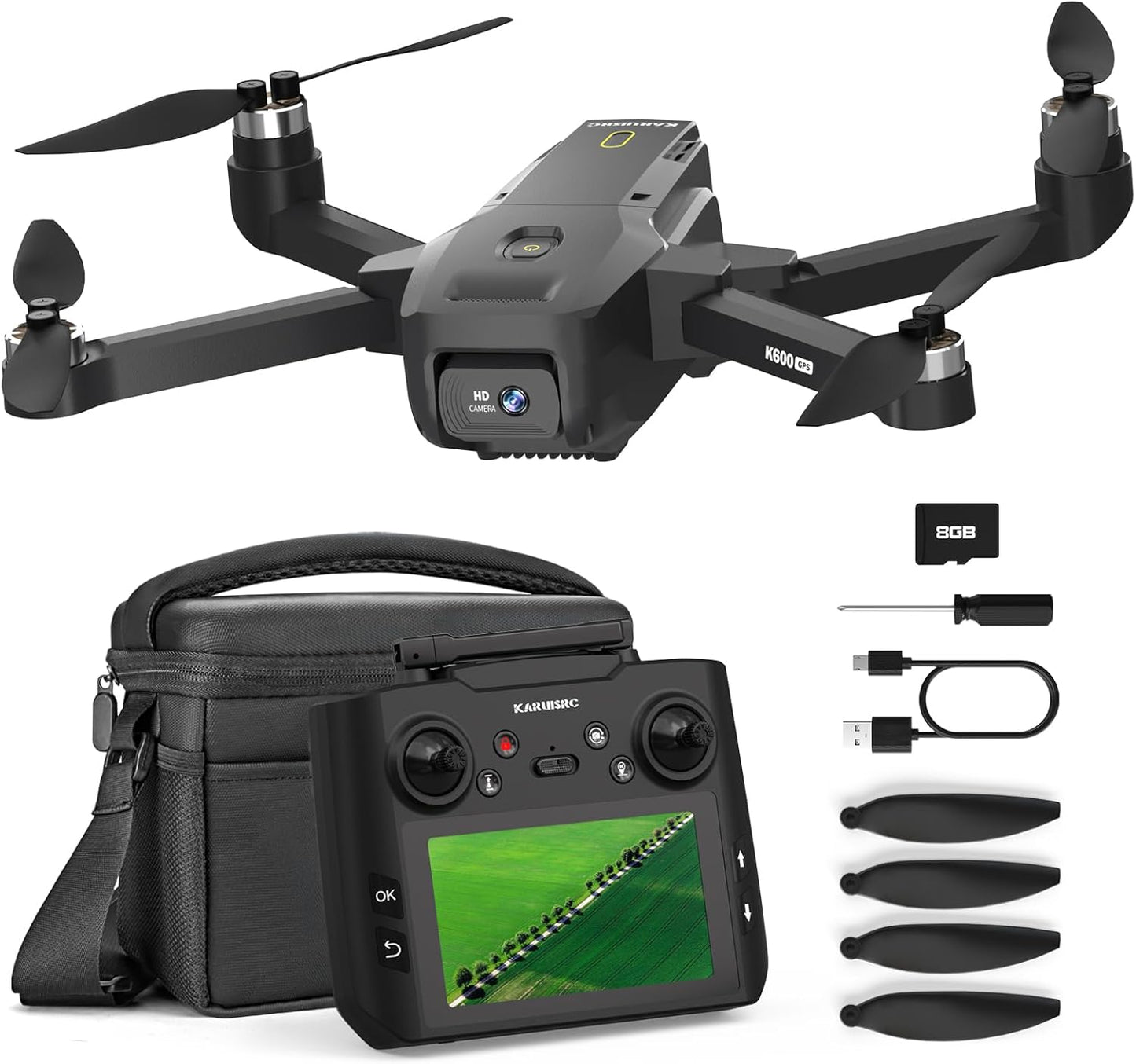 K600 GPS Drone with Camera, 4.5 Inch LCD Screen RC, 32G SD Card with Professional GPS Drone, FPV Drone with Auto Return Follow Me, Long range for Modular battery, Handbag under 250g