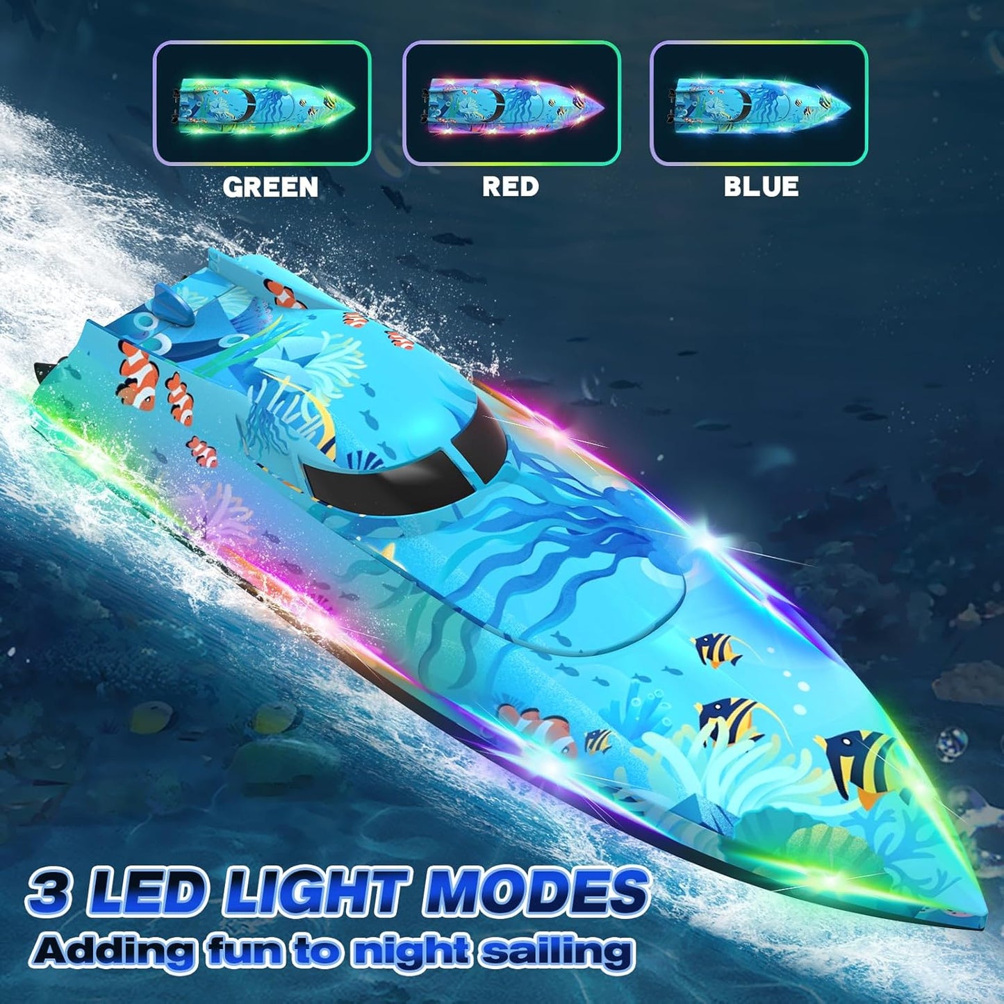 Remote Control Boat with LED Lights,Electric RC Boat Toy,Full Waterproof Pool Toys,Water Function Low Battery Alert Rechargeable Battery 2.4GHz Remote Control