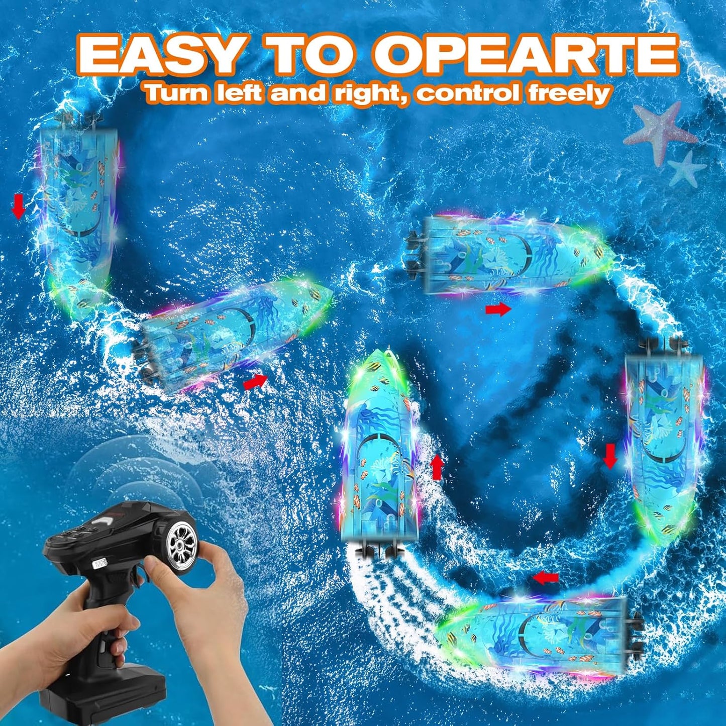 Remote Control Boat with LED Lights,Electric RC Boat Toy,Full Waterproof Pool Toys,Water Function Low Battery Alert Rechargeable Battery 2.4GHz Remote Control